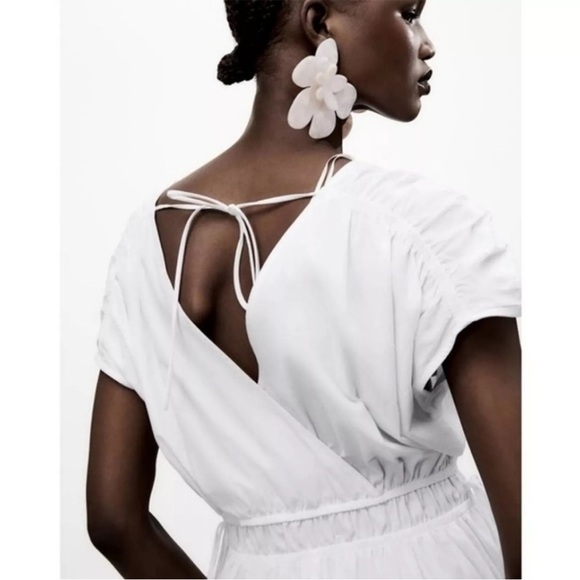 NWT ZARA White Cotton Midi Dress with Tie-Back M - Picture 4 of 15